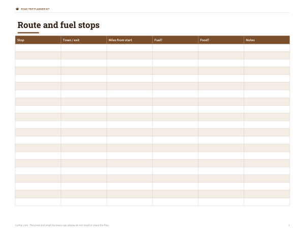 Preview of Printable Route and Fuel Stop Planner